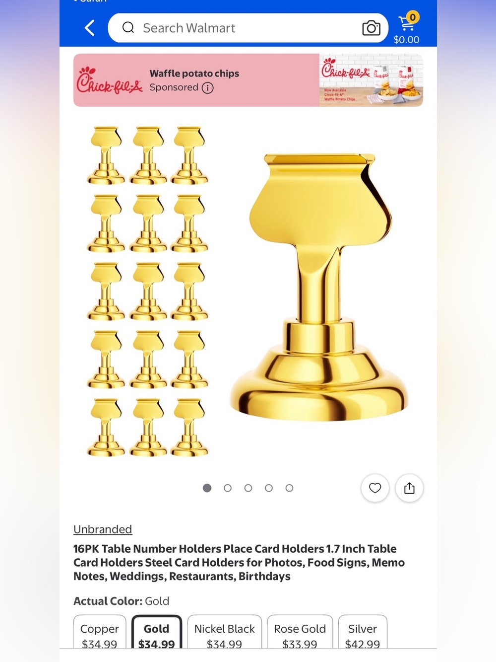 Gold Table Number / Place Card Holders - Set of 16 NEW in box